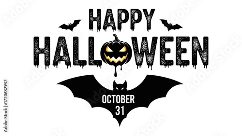 Happy Halloween: A captivating Halloween design that exudes the essence of the spooky holiday, featuring a carved pumpkin, fluttering bats, and the text Happy Halloween.
