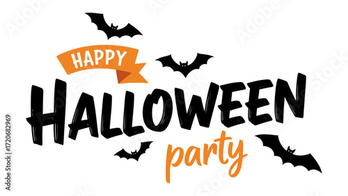 Spooky Halloween Party: A fun and festive digital image of a Halloween party, featuring bats soaring amidst stylized text, is perfect for seasonal decorations and invitations. 