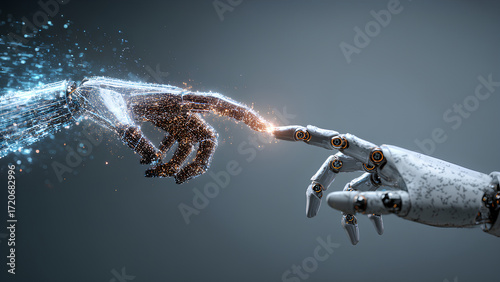 Futuristic Illustration of Robotic and Virtual Hands Touching