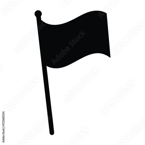 Stylized black flag waving on a pole, isolated against a white background