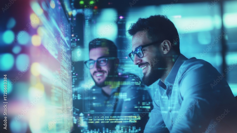 custom made wallpaper toronto digitalTwo men sitting front computer monitor looking screen are