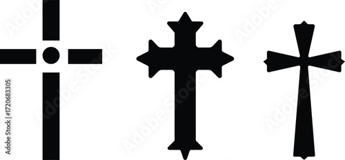 Art & IllustrationChristian cross icon set.Catholic Symbols, Cross Christian icons. Vector line black and outline christian cross set on white background.Cross symbols. Crucifix. Jesus Christian godde