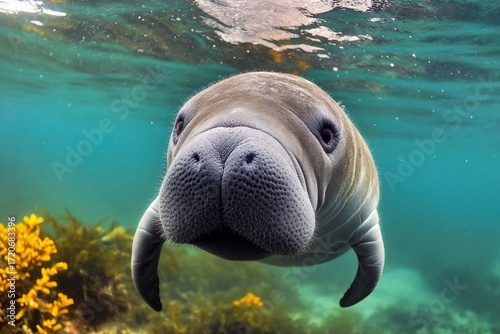Underwater photograph manatee swimming ocean water beautiful turquoise Florida in clear