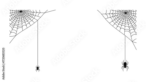 Spider's Lair: A minimalistic representation of two spiderwebs with spiders hanging down, evokes a sense of mystery and intrigue