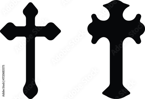 Art & IllustrationChristian cross icon set.Catholic Symbols, Cross Christian icons. Vector line black and outline christian cross set on white background.Cross symbols. Crucifix. Jesus Christian godde