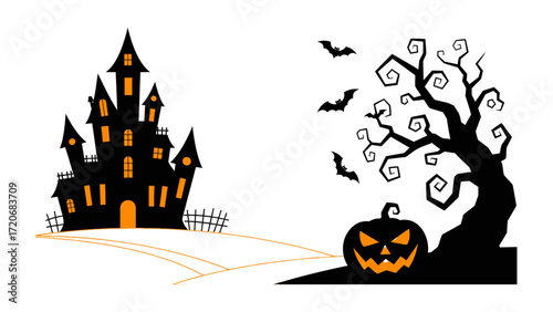 Spooky Halloween Scene: A detailed silhouette of a haunted mansion beside a gnarled, bare tree. A carved pumpkin glows eerily beneath, with bats adding to the spooky atmosphere.