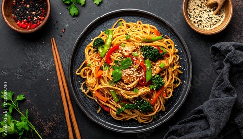 A plate of stir-fried noodles with vegetables and chicken