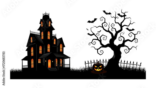 Spooky Silhouette: A chilling silhouette of a haunted house beside a twisted tree under the cover of darkness, casting a spell of mystery and fright.