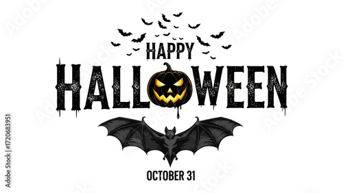 Spooky Halloween Greetings: Spooky and fun illustration of Happy Halloween message, featuring jack-o'-lantern and bat, perfectly captured the spirit of frightful festivities.