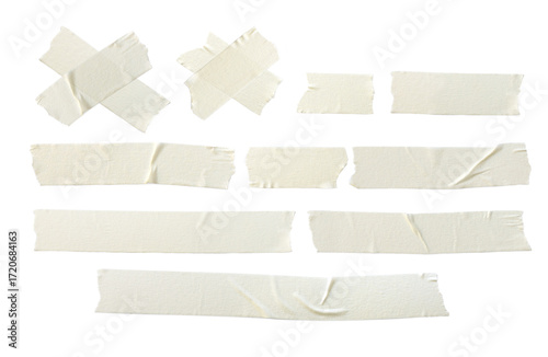 old masking crepe paper tape materials set used in form of X wrong cross and overlapping for graphic design banner retro vintage style isolated on transparent background or png file.
