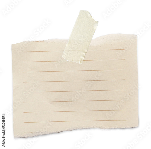 notes scrap of paper has a torn light brown line stuck with masking tape isolated on transparent background or png file.