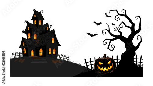 Spooky Halloween Silhouette: A chilling Halloween scene unfolds with a haunted house, a gnarled tree, and a grinning pumpkin. Capturing the eerie essence of the holiday.