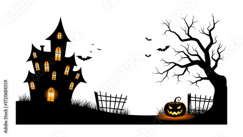 Haunted House at Halloween: An ominous haunted house silhouette with jack-o'-lantern, tree, and spooky atmosphere. Perfect for festive celebrations.
