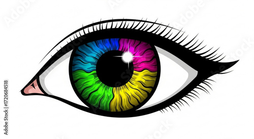 Colorful eye illustration graphic design with rainbow iris and long eyelashes vector art design element