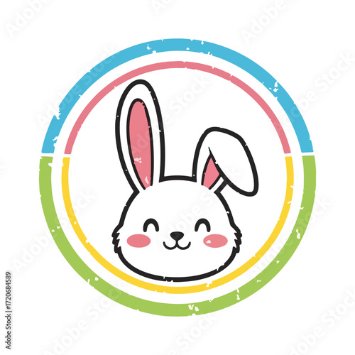 Cute cartoon bunny face with rosy cheeks inside colorful circle, perfect for Easter and children's themes.