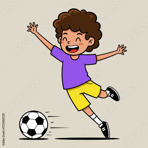 Happy child with curly hair kicking soccer ball, wearing purple shirt and yellow shorts.
