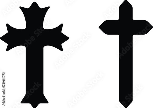 Art & IllustrationChristian cross icon set.Catholic Symbols, Cross Christian icons. Vector line black and outline christian cross set on white background.Cross symbols. Crucifix. Jesus Christian godde