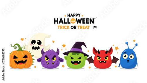 Halloween's Fun Gang: Charming and quirky Halloween character illustration forming a delightful ensemble, capturing the spooky yet friendly spirit of Halloween.