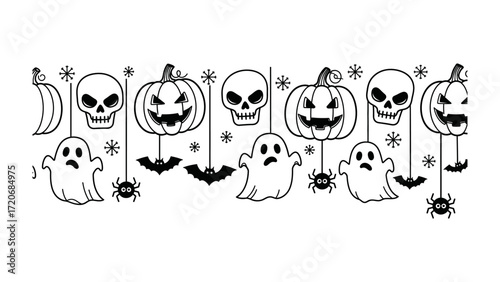 Spooky Halloween Border: A whimsical and eerie Halloween border, featuring a repeating pattern of pumpkins, skulls, ghosts, bats, spiders and stars, creating a playful yet haunting atmosphere.