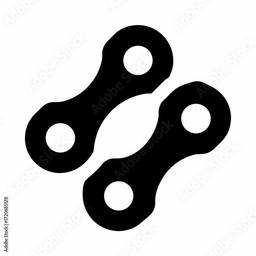 Two interlocking black bicycle chain links on a white background, simple design
