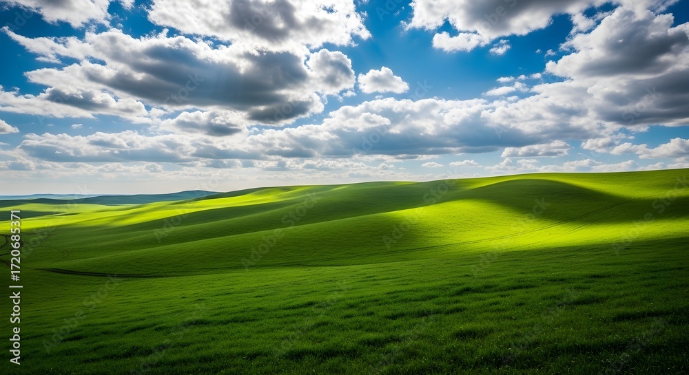 Obraz premium Vibrant green rolling hills under a partly cloudy sky with sunlight casting shadows on the landscape
