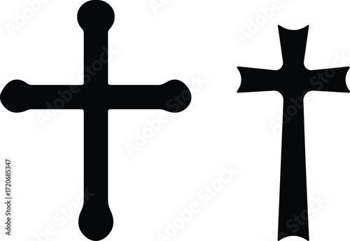 Art & IllustrationChristian cross icon set.Catholic Symbols, Cross Christian icons. Vector line black and outline christian cross set on white background.Cross symbols. Crucifix. Jesus Christian godde