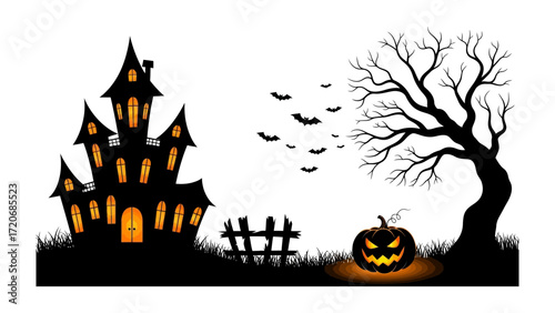 Spooky Halloween Night Scene: An enchanting, spooky Halloween night scene features a silhouette of a haunted house, a grinning jack-o'-lantern, bare tree, and flock of bats over a dark backdrop.