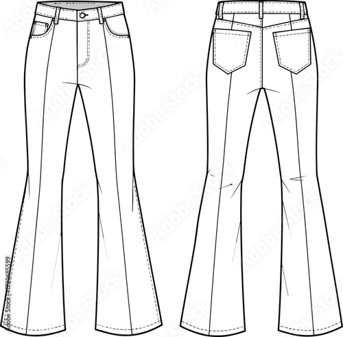 CAD drawing flat vector illustration of stylish flared jeans front and back view, technical fashion sketch design template, apparel mockup