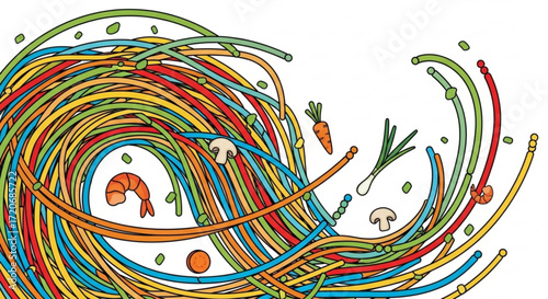 Colorful noodle stir fry with shrimp and vegetables delicious asian food illustration vector art design