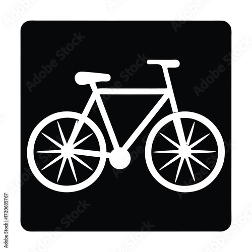 White bicycle silhouette icon on a black rounded square background signage