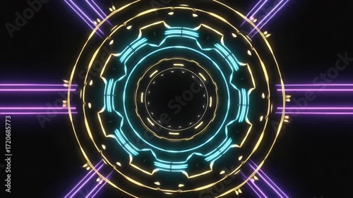 Abstract neon rings and lines on a dark background