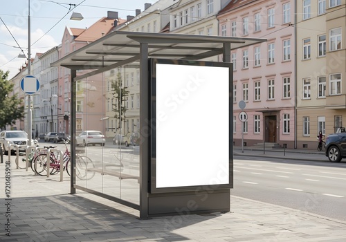 Blank vertical advertising mockup on a city street bus stop shelter, with urban buildings and a roadway in the background on a sunny day