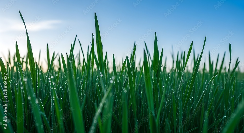 Fototapeta premium Close-up of dew-covered grass blades in the early morning light under a clear blue sky