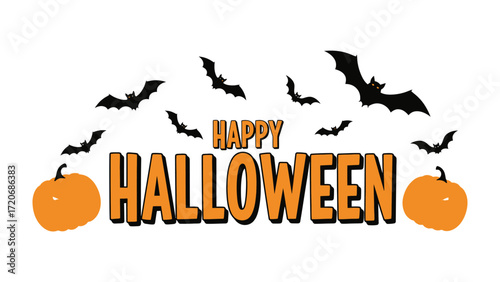 Spooky Season: Capturing the essence of Halloween, the image presents the joyous text Happy Halloween accompanied by iconic symbols: bats and pumpkins.