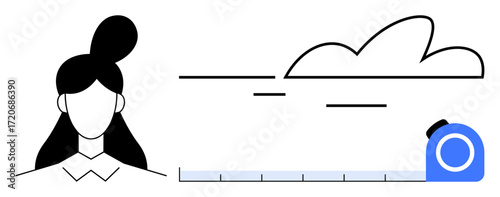 Female figure with elegant hairstyle, tape measure, and abstract cloud. Ideal for design, creativity, evaluation, planning, innovation measuring success growth. Minimalist simple flat metaphor