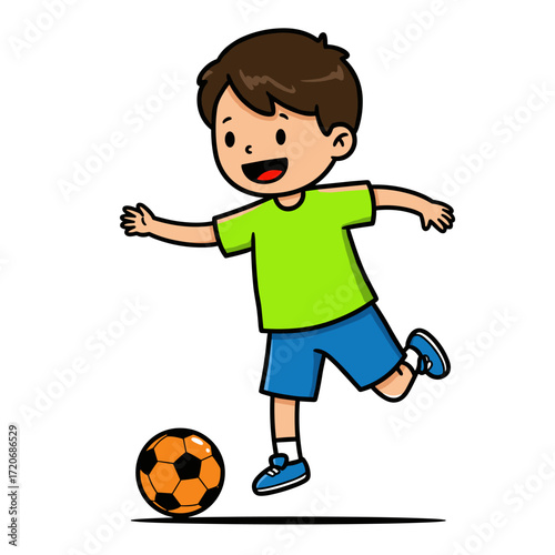Smiling child with short brown hair kicking orange soccer ball, wearing green shirt and blue shorts.