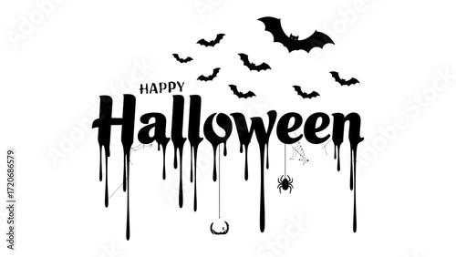 Spooky Halloween Design: This dark and enchanting artwork conjures the spirit of Halloween with dripping letters, bats in flight, and spider silhouettes.