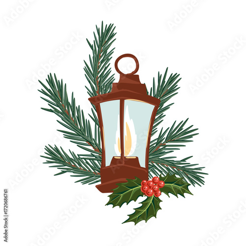 vector drawing Christmas composition, vintage kerosene lamp and fir branch with green needles and holly leaves and red berries, hand drawn illustration