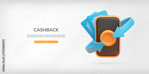 3d cashback arrow transaction landing page. Realistic mobile phone with banknote, gold coin and blue arrows around. Online banking banner, payment service sign. Vector illustration on light background