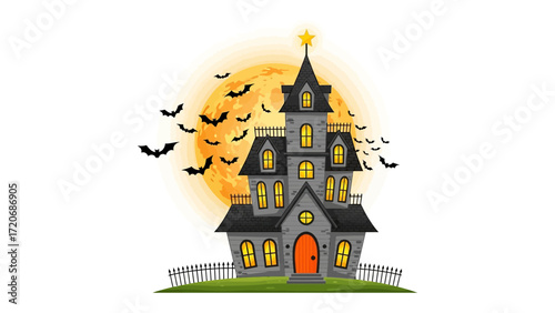 Spooky House on Halloween: An artistic illustration showcases a haunted house at night, the moon casting an eerie glow and bats. 