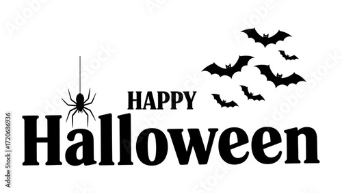 Halloween Greeting: A seasonal message features a spooky black spider suspended from a web beside the bold inscription Happy Halloween, complemented by a fluttering of bats.