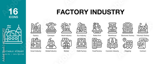 Factory Industry icon set. Includes industry, factory, manufacturing, production, engineering and More. Editable Stroke Icon Collection.