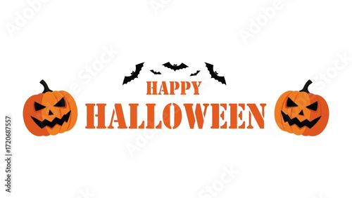Spooky Halloween Decoration: Two jack-o'-lanterns flank the text Happy Halloween, and a cluster of bats adds an eerie touch to the holiday celebration.