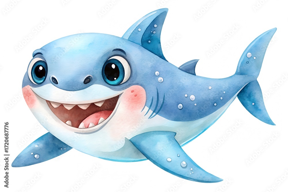 Obraz premium Cartoon illustration of a cute baby shark with a big smile isolated on white background, showcasing its playful and friendly nature