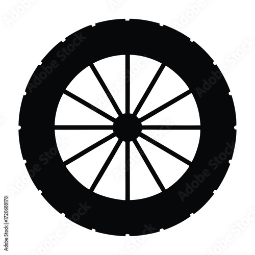 Black tire silhouette circular icon
Black tire silhouette isolated on white background, representing automotive, transport, wheel, rubber, and vehicle maintenance concept.
