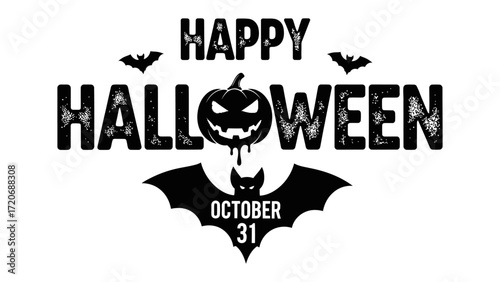 Spooky Celebration: An ominous pumpkin smiling slyly is at the center of Halloween, as bats circle a chilling night of All Hallows' Eve.