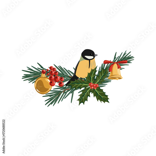 vector drawing Christmas composition, great tit bird at fir branch with green needles, holly red berries and glass balls, hand drawn illustration