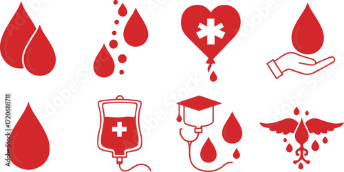 Red Blood Drop Icons and Medical Symbols Collection
