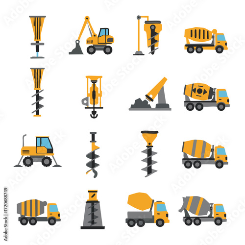 A vibrant collection of flat design vector icons illustrating diverse heavy construction vehicles and industrial equipment for building projects.