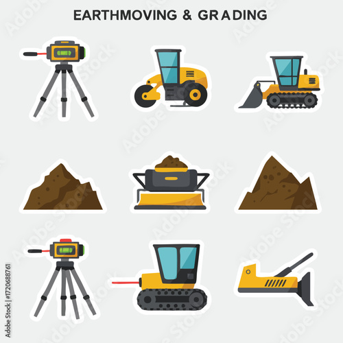 This vibrant collection of flat design icons illustrates essential earthmoving and grading machinery, surveying instruments, and excavated materials for construction.